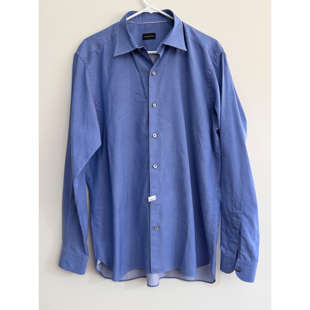 Ermenegildo Zegna Mens Blue Twill Cotton Long Sleeve Button Down Shirt Size L
